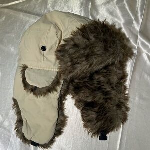 Beige Aviator Hat with Faux Fur Trim